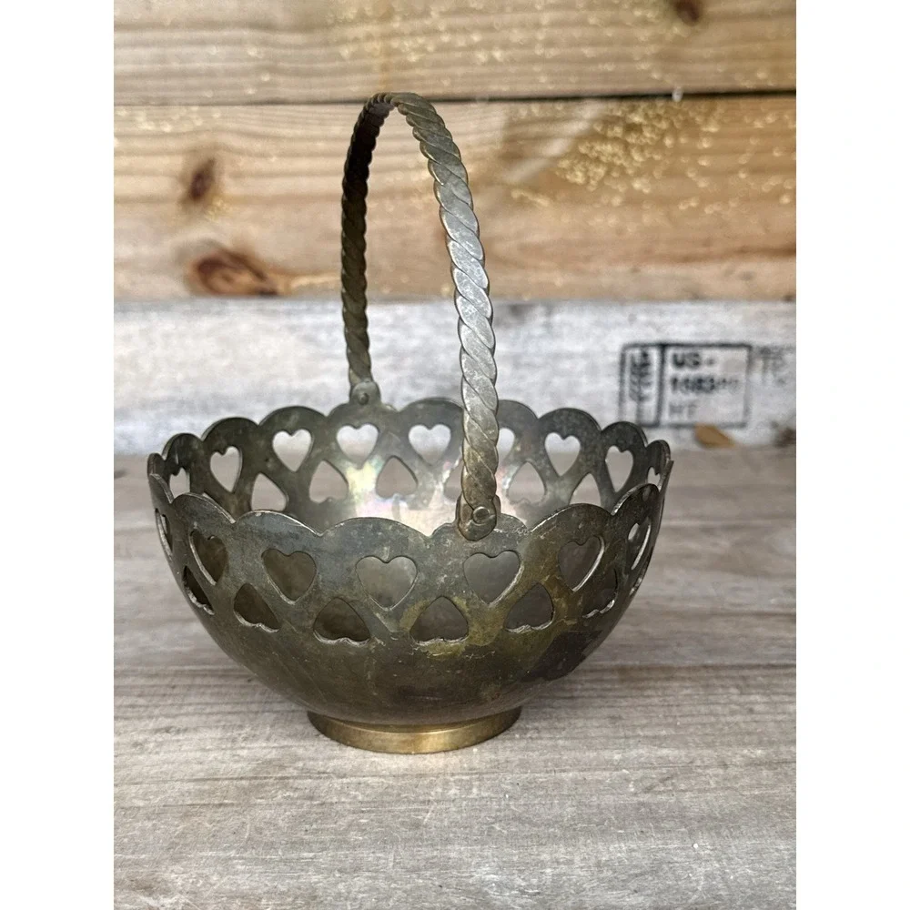 Vintage Brass Bowl with Heart Cutouts 3
